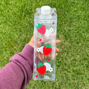 Strawberries & flowers milk carton - 17 oz water bottle - reusable - BPA free - milk carton bottle - Strawberry Cup -  Plastic Bottled Beverage - milk carton water bottle - aesthetic - water container - Drinkware Silicone Washable Cup Portable Tumbler Lid