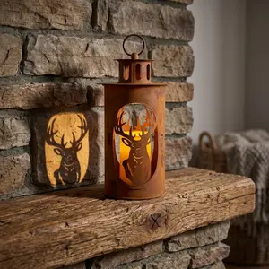 Rustic Metal Deer Lantern, Outdoor Weathered Corten Style Candle Holder, Vintage Hanging Lantern for Patio, Porch, Cabin & Garden Decor