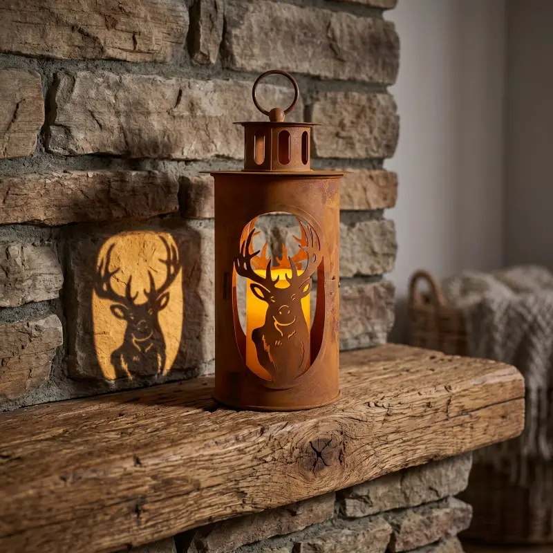 Rustic Metal Deer Lantern, Outdoor Weathered Corten Style Candle Holder, Vintage Hanging Lantern, Centerpiece for Patio, Porch, Cabin & Garden Decor