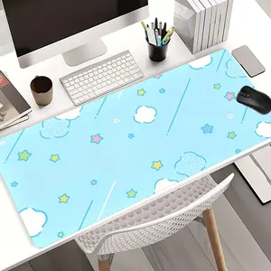 Extra Large Kawaii Blue Clouds & Stars Mouse Pad Cute Cartoon Gaming Desk Pad 35x16 Inch Computer Keyboard Mousepad with Non-Slip Rubber Base Durable Stitched Edge Perfect Gift for Home and Office