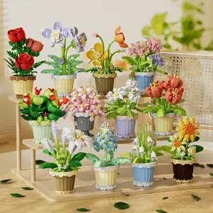 Mini Creative Building Block Flower Pot, Never Fades Flowers, Peony, Daisy, Rose, Orchid, Carnation, Party Gift, Home Decor, Office Decoration