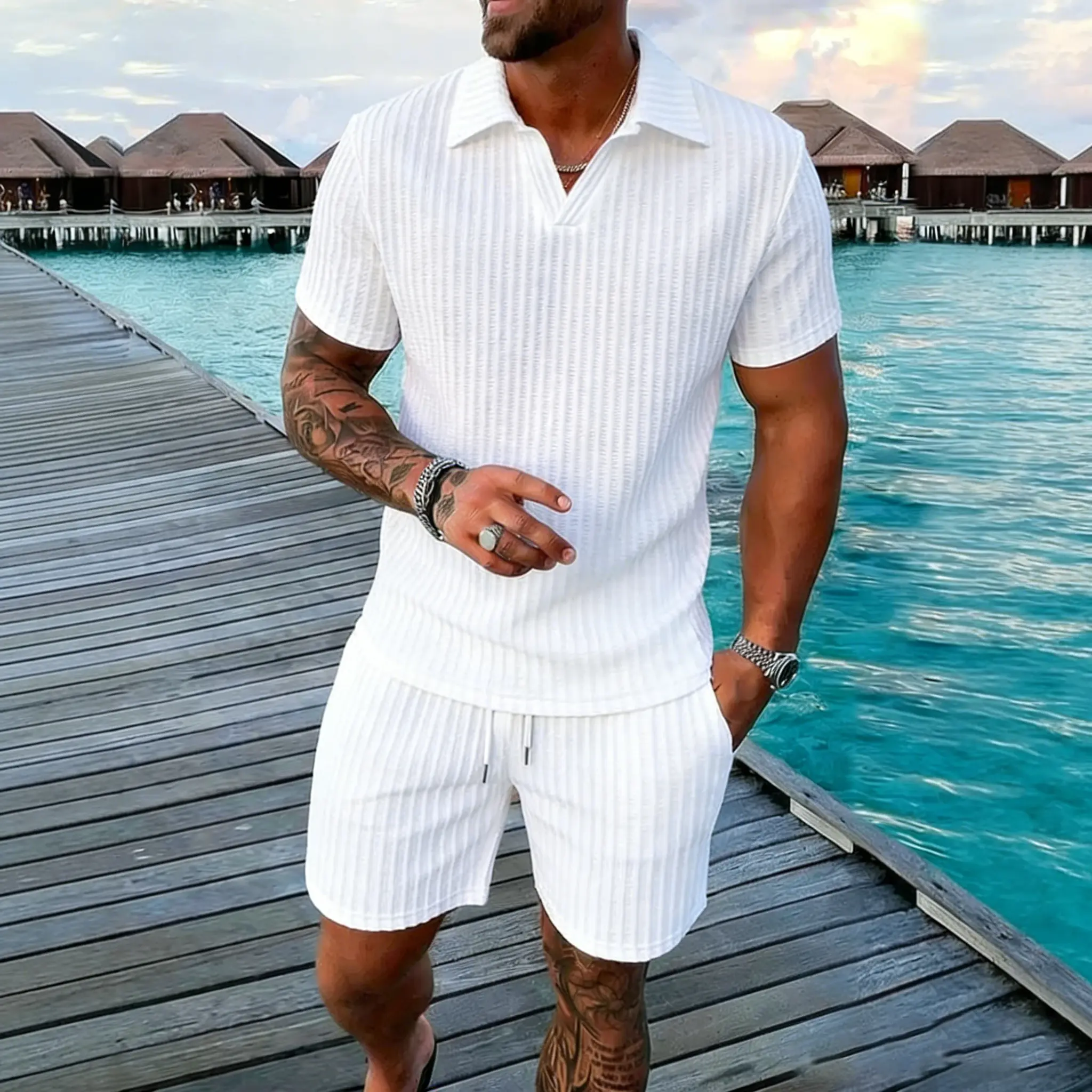 Men’s 2-piece set: regular-fit solid polo short-sleeve V-neck top and shorts; casual summer men’s outfit suitable for beach vacations; menswear., Matching, Stylish