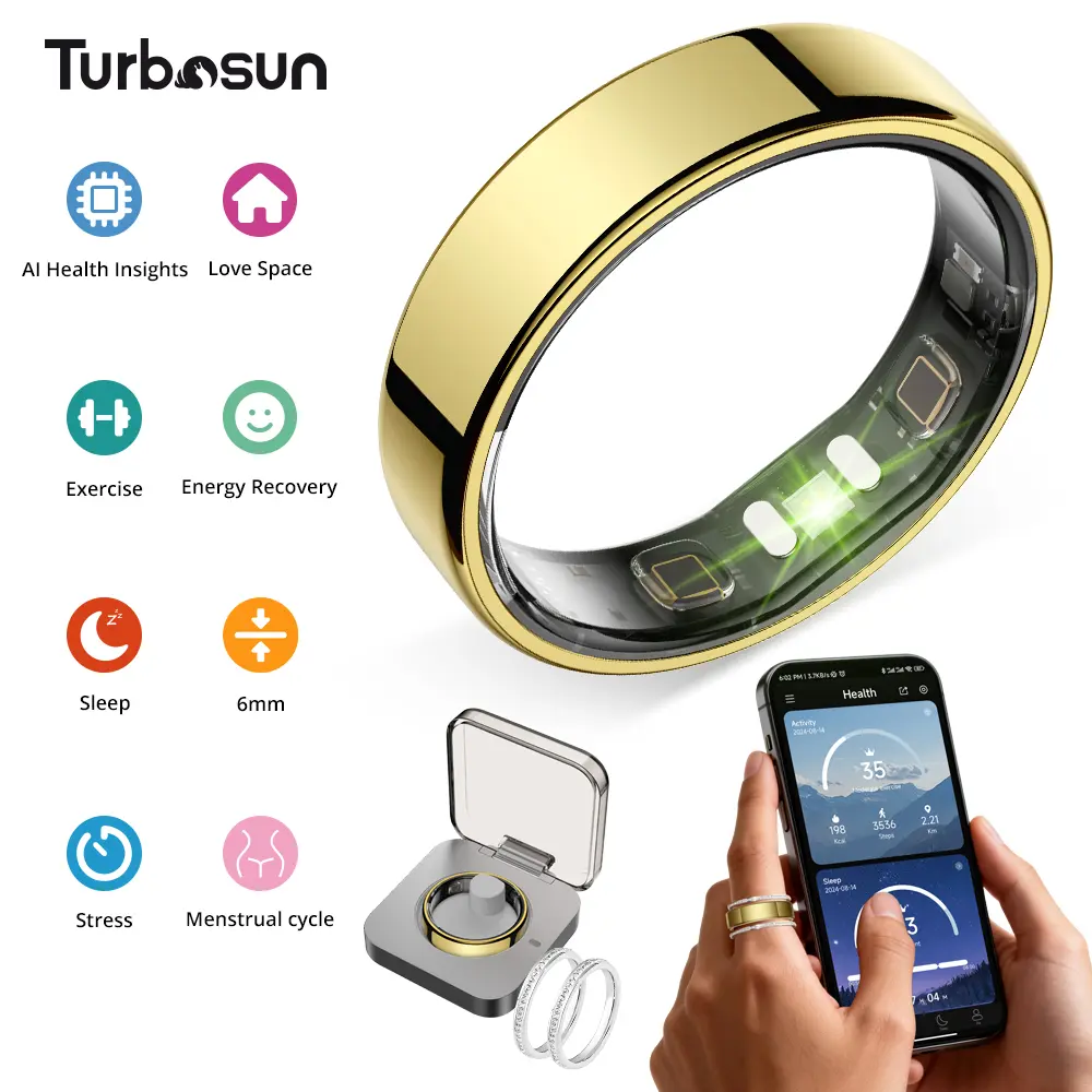 Turbosun 6mm Ultra-Thin Smart Ring for Women, AI Analysis, Waterproof, 2 Bonus Decorative Rings, Energy Recovery, Breathing Training, Heart Rate & Temperature, 24/7 Sleep, Stress & Cycle Insights, No Subscription, iOS & Android Compatible