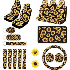 Sunflower Car Accessories Set Aulufft 23pcs Car Sunflower Steering Wheel Cover,Seat Covers, Seat Belt Covers,Center Console Armrest Pad,Cup Holder Coaster,Keychain, Lanyard,Vent Decor