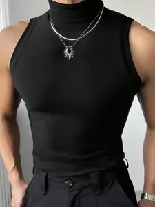 Men's Solid Color Round Neck Ribbed Casual Vest Shirt, Fall Fashion, Comfortable Daily Wear, Perfect for Autumn Season