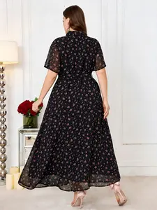 Muslim Plus Size Women's Loose Floral Long Dress, Button Front Waist Cinching Chiffon Dress, Casual Daily Wear Gentle Style, Muslim Outfits, Plus Size Dresses