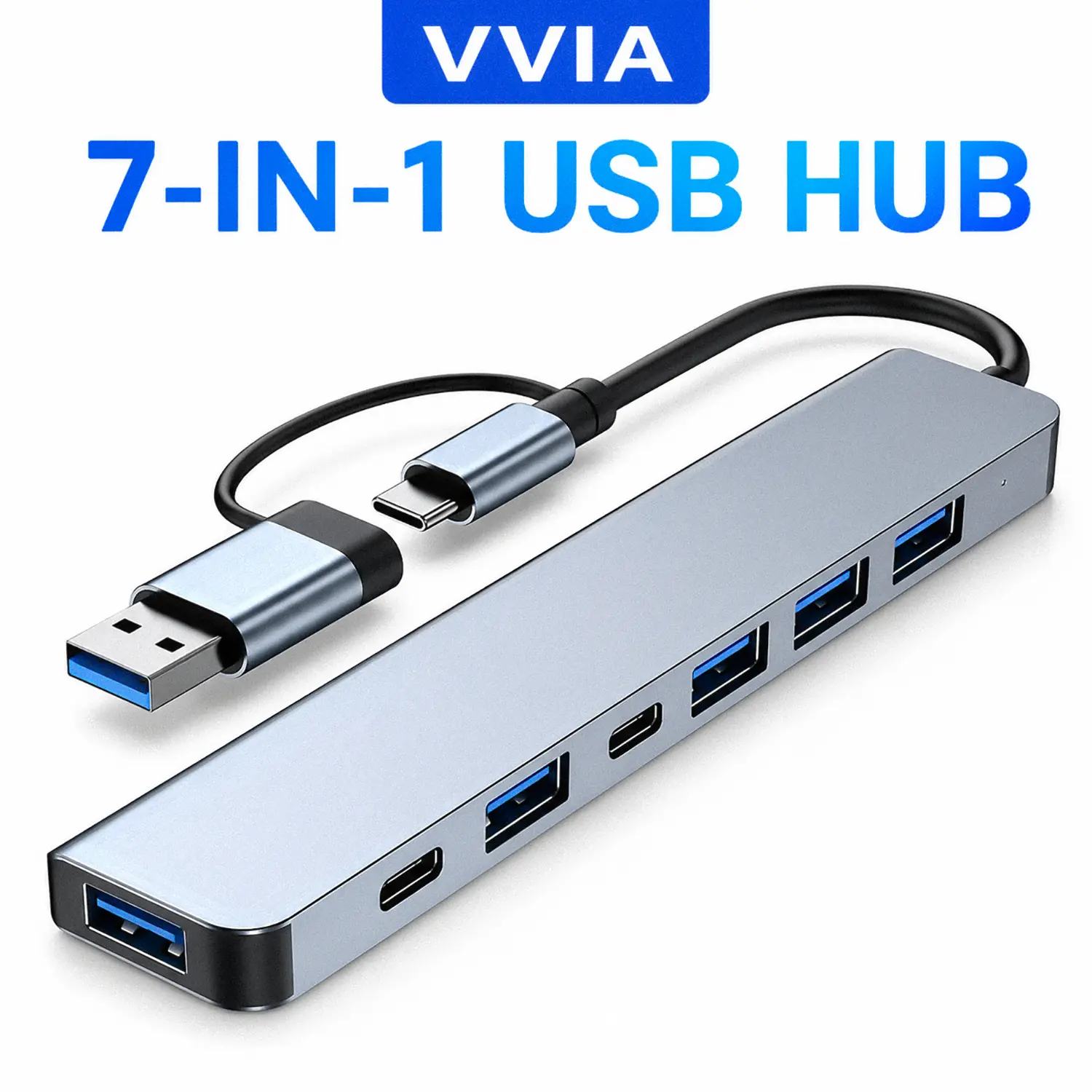 7-in-1 USB C Hub & USB A Adapter, Aluminum USB Splitter Extender with 1 USB 3.0, 4 USB 2.0 & 2 USB-C Ports, Multiport Dongle for Laptop, Desktop & PC, for Students, Office Workers, Home, Study, Work & Travel