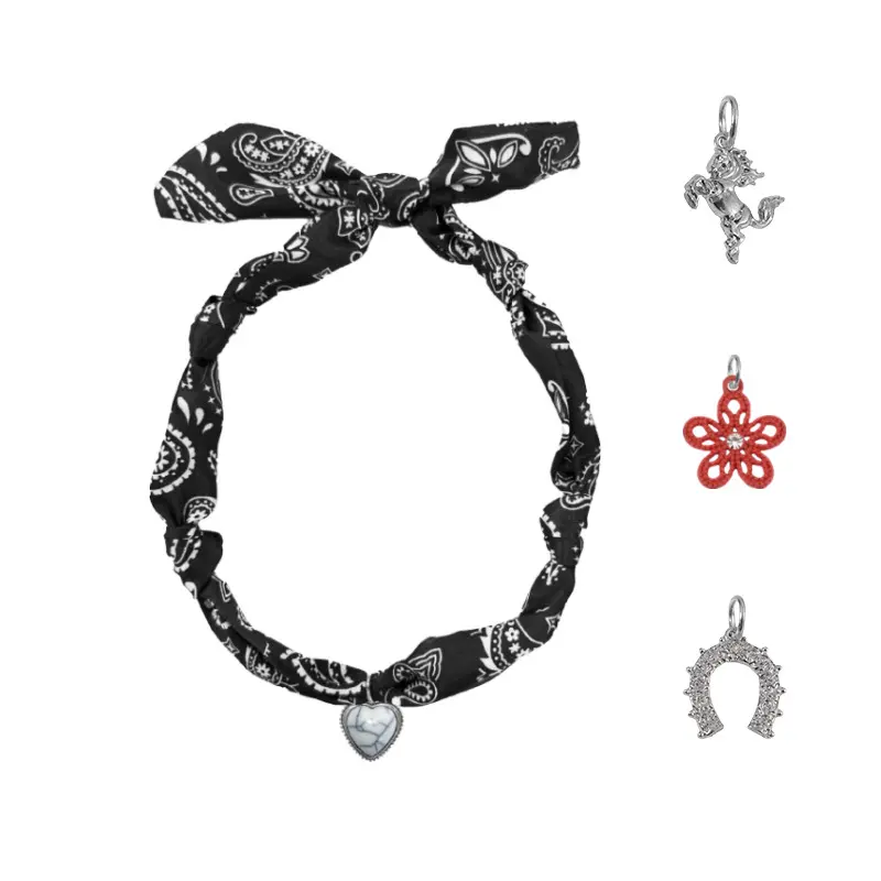 2026 New Paisley Print Scarf Choker Necklace, Interchangeable Western Cowboy Pendant Cloth Necklaces, Removable Flower Horseshoe Boot Hat Charms Adjustable Fabric Neck Jewelry for Women