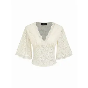 Cider V-Neck Guipure Lace Bell Sleeve Cropped Top