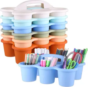 6 Pack Classroom Caddy Organizer with Handle Morandi Plastic Table Caddy Drink Cup Caddies Holder 12×9×3.5 Inches Storage School Supplies 6 Compartments for Table Crayon Pencil Cup Marker Craft