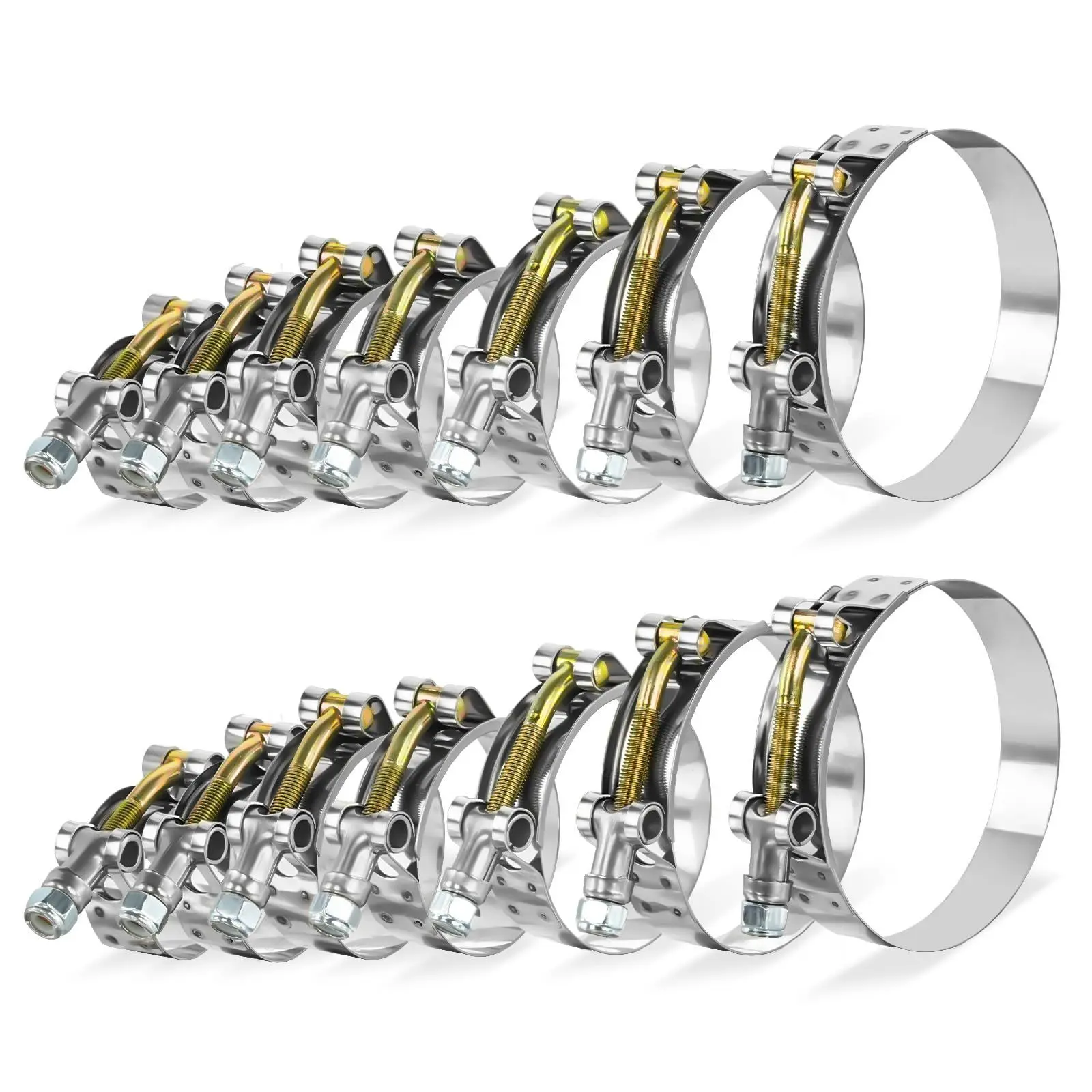 14PCS T-Bolt Hose Clamp Kit, Heavy-Duty 304 Stainless Steel Hose Clamps, Adjustable 1" (32-37mm) to 3" (83-91mm) for Turbo Intake, Radiator, Intercooler, Fuel Line, Silicone Hose, Automotive & Industrial Use