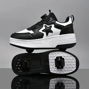Hot Trendy Cool Low Top Roller Skateboard Shoes With Rotating Button For Boys, Lightweight Anti Slip Roller Skates For Indoor Outdoor Party, All Seasons