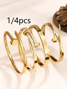 1/4pcs Women's Stainless Steel Cuff Bracelet, Rhinestone Bangle Bracelet, Rhinestone Floral Nail Design, Boho Chic Fashion Accessory, Ideal Gift for Her