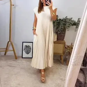 2025 autumn dress women's elegant fashion round neck sleeveless pleated long dress