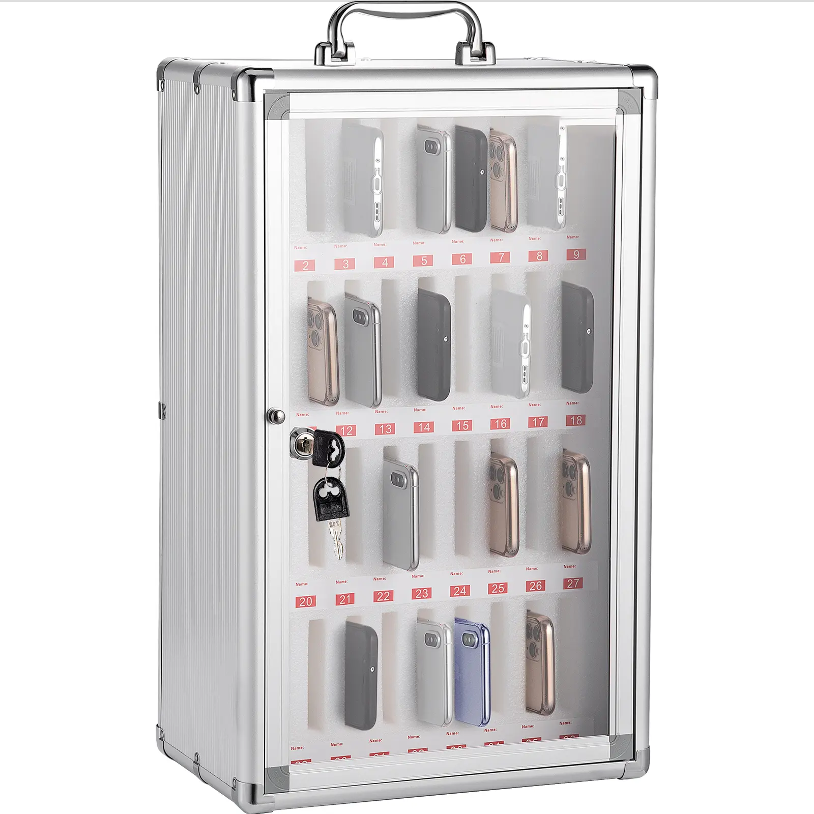 36 Slots Cell Phone Cabinet, Silver Aluminum Alloy Storage Locker Box with Portable Handle, Key Lock and Handwritten Tags, Wall Mounted for Classroom, Office, Gym