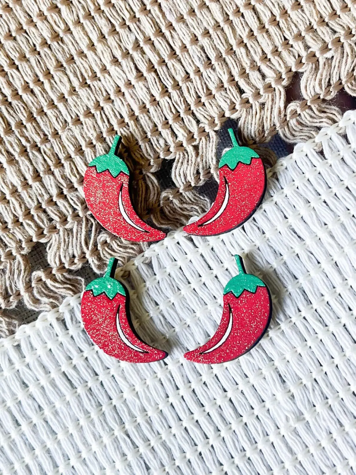 Red Chili Pepper Wooden Hand-Painted Sparkly Stud Earrings For Food Fans and Carlos Sainz F1 Racing Fans
