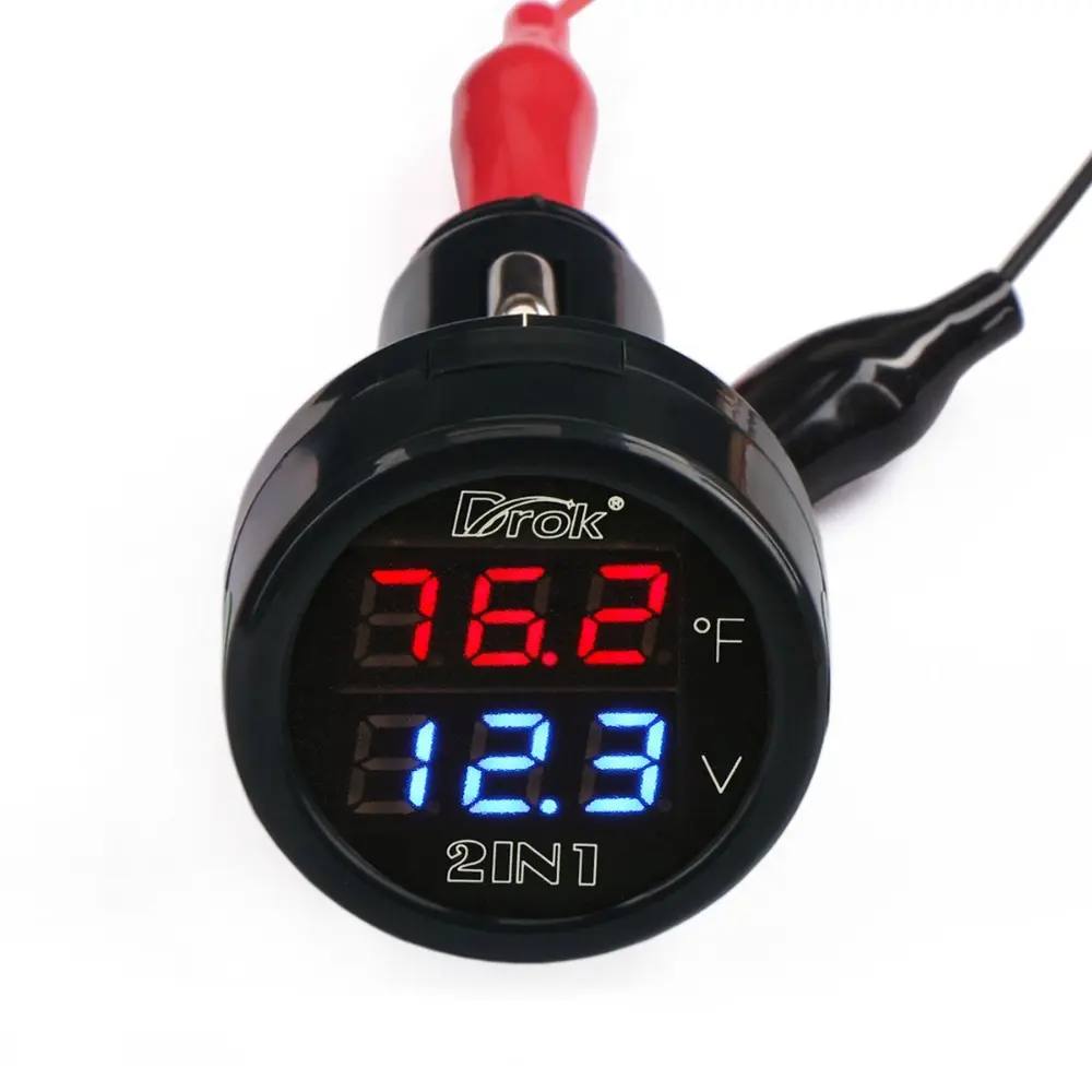 Digital DC Voltage and Temperature Monitor for Car & MotorcycleMeasures 10-170°F, 12V - 24VVoltmeter, Thermometer, Temp Volt Tester Multimeter