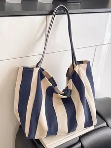 Striped Canvas Woven Tote Bag, Casual and Fashionable Versatile Shoulder Bag, Simple Shoulder Shopping Bag, Fresh Contrast Color Design, Versatile and Multi-color Optional, Suitable for Students To Go To Class, Daily Commuting, Etc., Canvas Tote Bags
