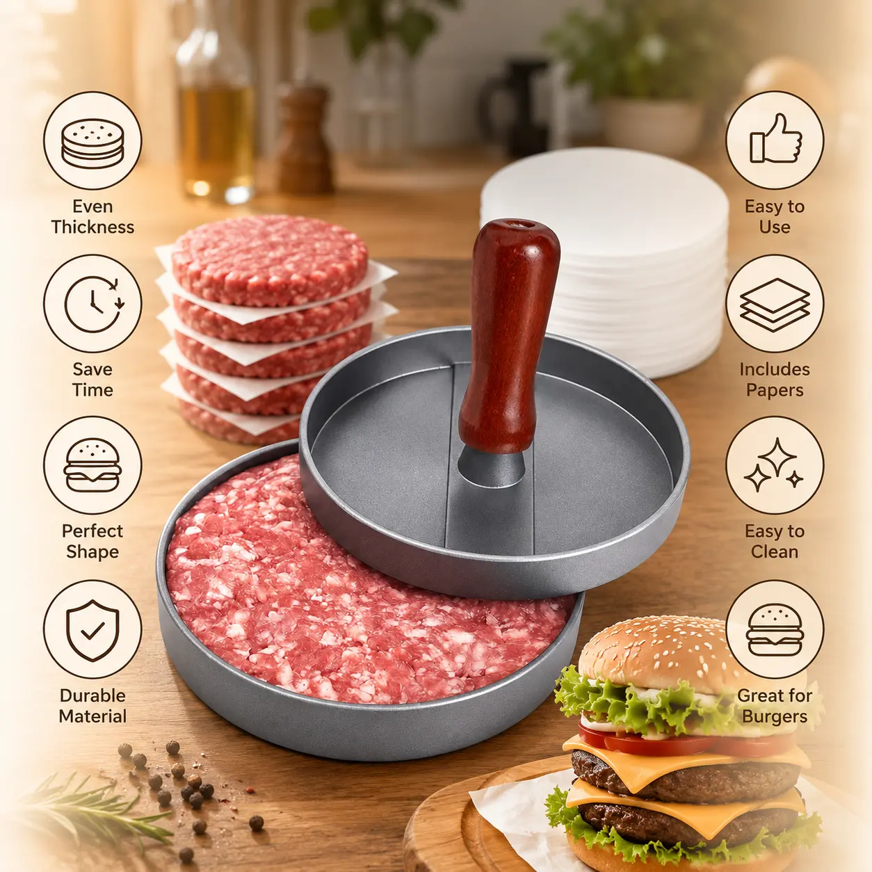 Hamburger Press Patty Maker, Burger Press,Patty Maker,100% Free Patty Papers | Dishwasher Safe | BPA Free, Kitchen Gadgets to Make Patty for Stuffed Slider BBQ Barbecue Grilling