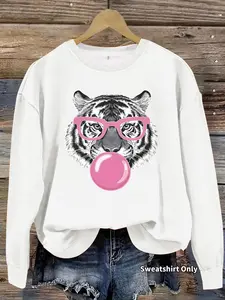 Women's Tiger & Bubble Gum Print Crew Neck Sweatshirt, Casual Long Sleeve Pullover for Daily Wear, Ladies Fall & Winter Clothes, Hoodie