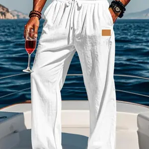Men's Solid Color Linen Pants, Loose Casual Comfy Breathable Trousers, Casual Beach Pants for Vacation Holiday, Men Bottoms for Summer