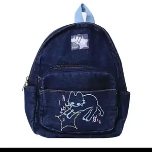 Cartoon Embroidery Cat Denim Backpack Y2K - 90s