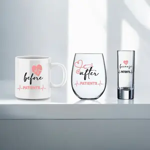 Nurse Gift Set Glassware Includes Shot Glass Coffee Mug & Wine Glass with "Before Patient" & "After Patient" Designs