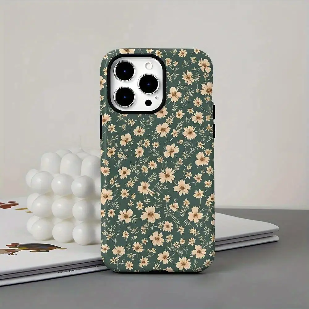 [Dual Layered Case] Tough, Dual Layered 2-In-One Film Spring Little Daisy Flowers Pattern Green Case,phone Case Suitable for Iphone 11/12/13/14/15/16, Durable, Drop-proof, Perfect Birthday Wedding Gifts for Friends Family Loved Ones Smartphone Shockproof