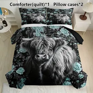 Highland Cow & Rose Bedding Set, 1 Comforter + 2 Pillowcases, Farmhouse Floral Decor, Synthetic Fiber, No Ca Prop 65