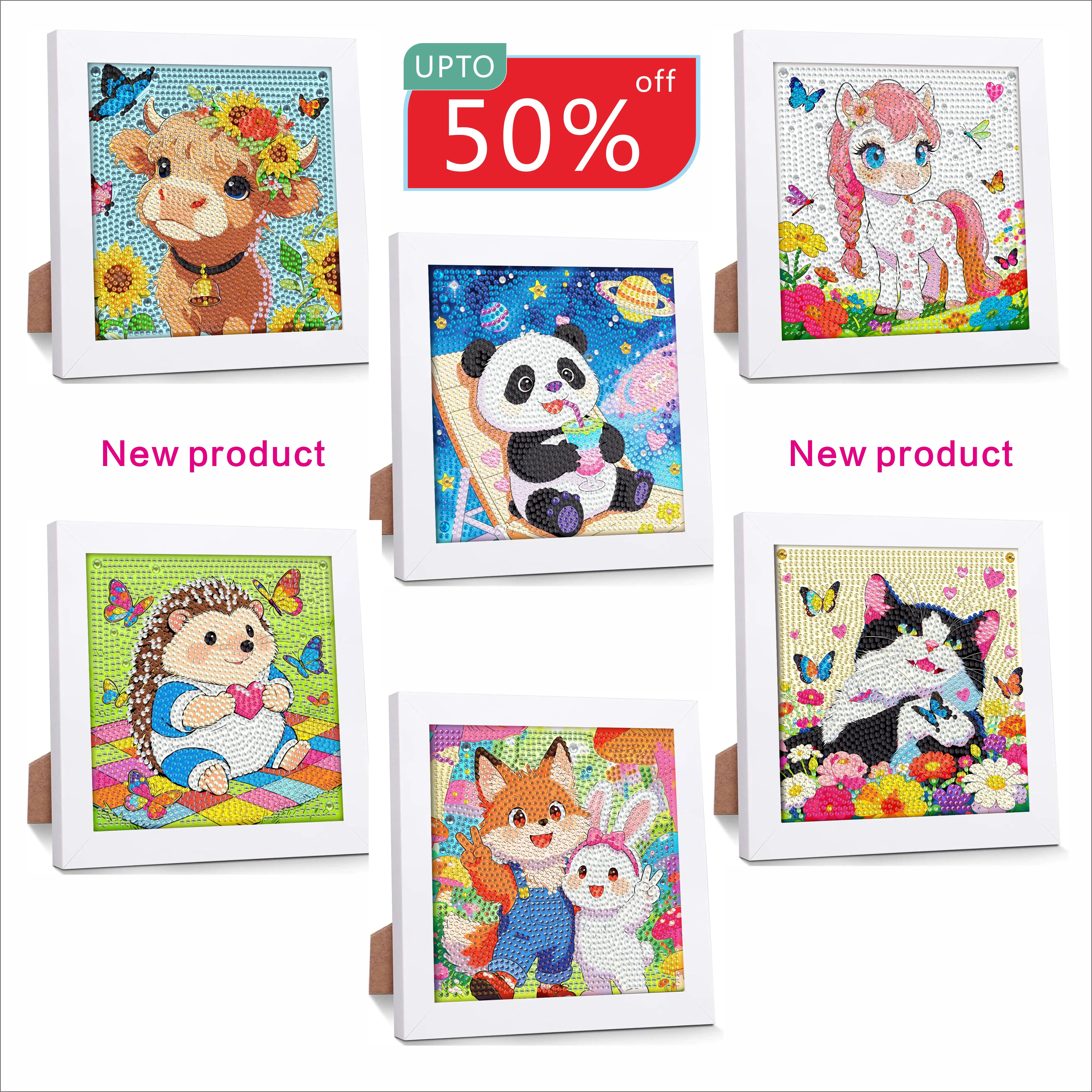 6 Pack of 5D Cute Animated Diamond Puzzle Set, suitable for beginners. Cute animal gemstone handicrafts, perfect for home wall decoration and as a gift for children.