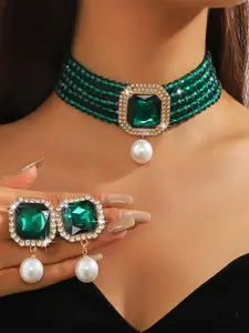 Women's Elegant Artificial Crystal Decor Choker & Dangle Earrings, Exquisite Trendy Jewelry Set, Fashionable Accessories for Party & Daily Clothing Decor