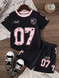 Girls' Two-Piece Casual Sports Set, Fashionable Football Print, Soft Knit Fabric, Short Sleeve T-Shirt and Shorts, Outdoor Wear