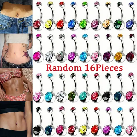 16pcs of CZ Belly Button Rings in Various Colors, a Trendy Punk Set of Colorful Navel Jewelry with a Vibrant Assortment, Stainless Steel Barbell Sexy Women Bar Body Jewelry