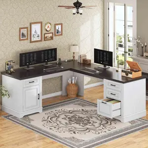 Sikaic 69 Inches L Shaped Computer Desk Farmhouse Computer Desk with File Drawers and Power Outle Wood Workstation