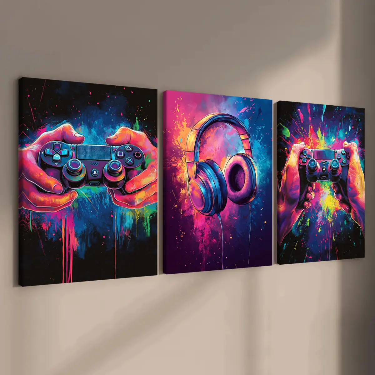 3 Counts Wooden Framed Canvas, Colorful Gamer Controller And Headphone Images, Exquisite Poster, Decorative Artwork, Perfect Living Room Decoration, Modern Abstract Design, Modern Art, Fashion Family Poster, Wall Art Decoration, Waterproof Art