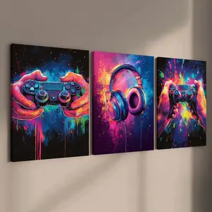 3 Counts Wooden Framed Canvas, Colorful Gamer Controller And Headphone Images, Exquisite Poster, Decorative Artwork, Perfect Living Room Decoration, Modern Abstract Design, Modern Art, Fashion Family Poster, Wall Art Decoration, Waterproof Art