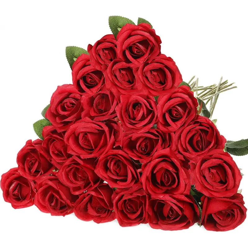 20 PC Realistic red silk roses with long stems, large fake flowers for wedding arrangements, party decorations, home and dining table centerpieces