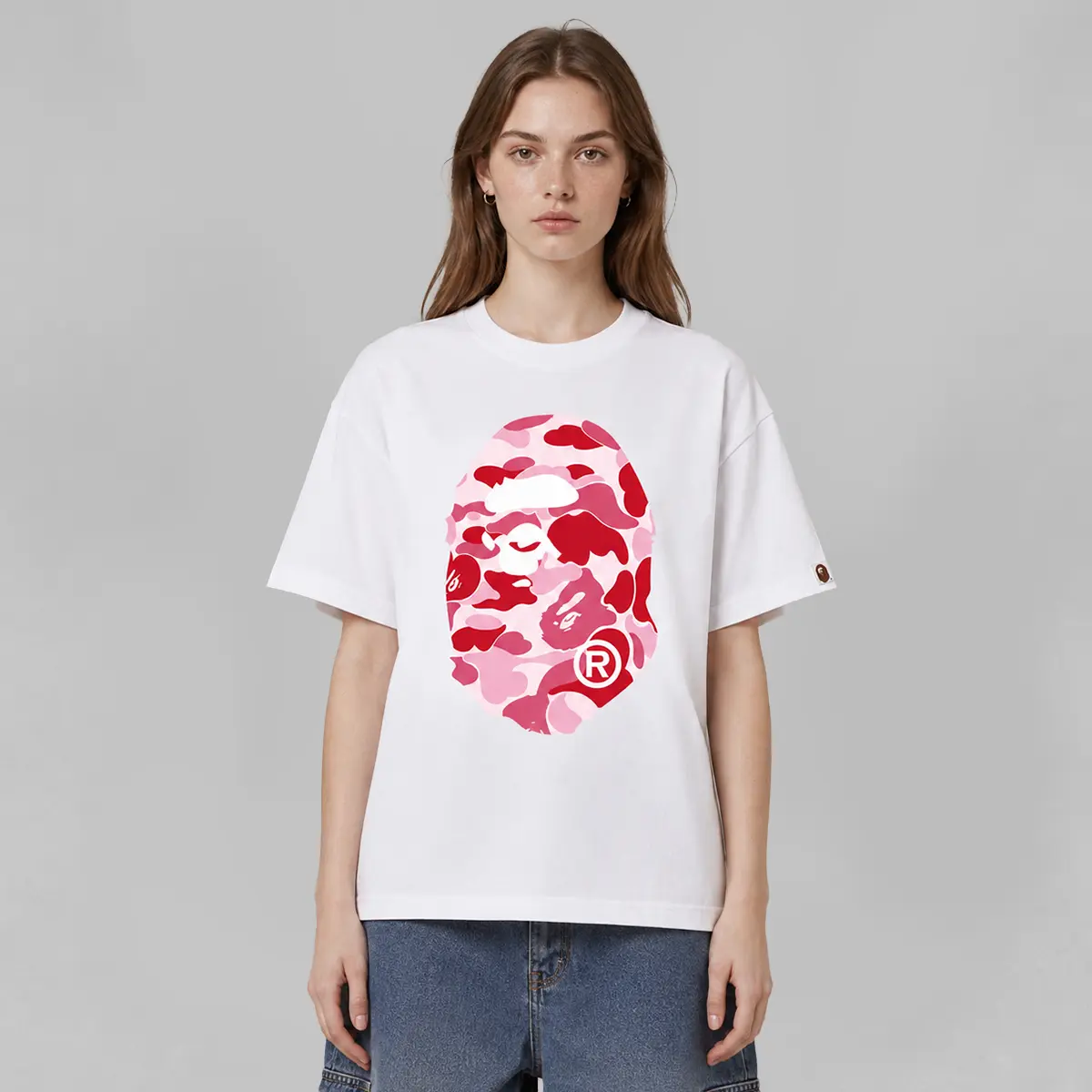 (100% Authentic) BAPE ABC CAMO BIG APE HEAD TEE MENS WHITE PINK