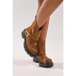 AZALEA WANG PHRIXUS BROWN CHUNKY SHORT SHAFT FAUX SUEDE BOOT