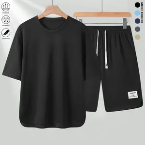 Men’s solid-color short-sleeve T-shirt and drawstring waist shorts set, comfortable and breathable two-piece every,summervibesday outdoor clothing, summer menswear, men’s 2-piece set