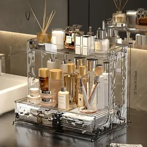 Clear Acrylic Bathroom Storage Shelf Organizer with Drawer - Large Capacity Space-Saving Design for Countertop, Vanity, or Sink Area - Durable Plastic Bathroom & Kitchen Organizer for Toiletries, Cosmetics, Essentials, Bathroom Organizer, Toiletry