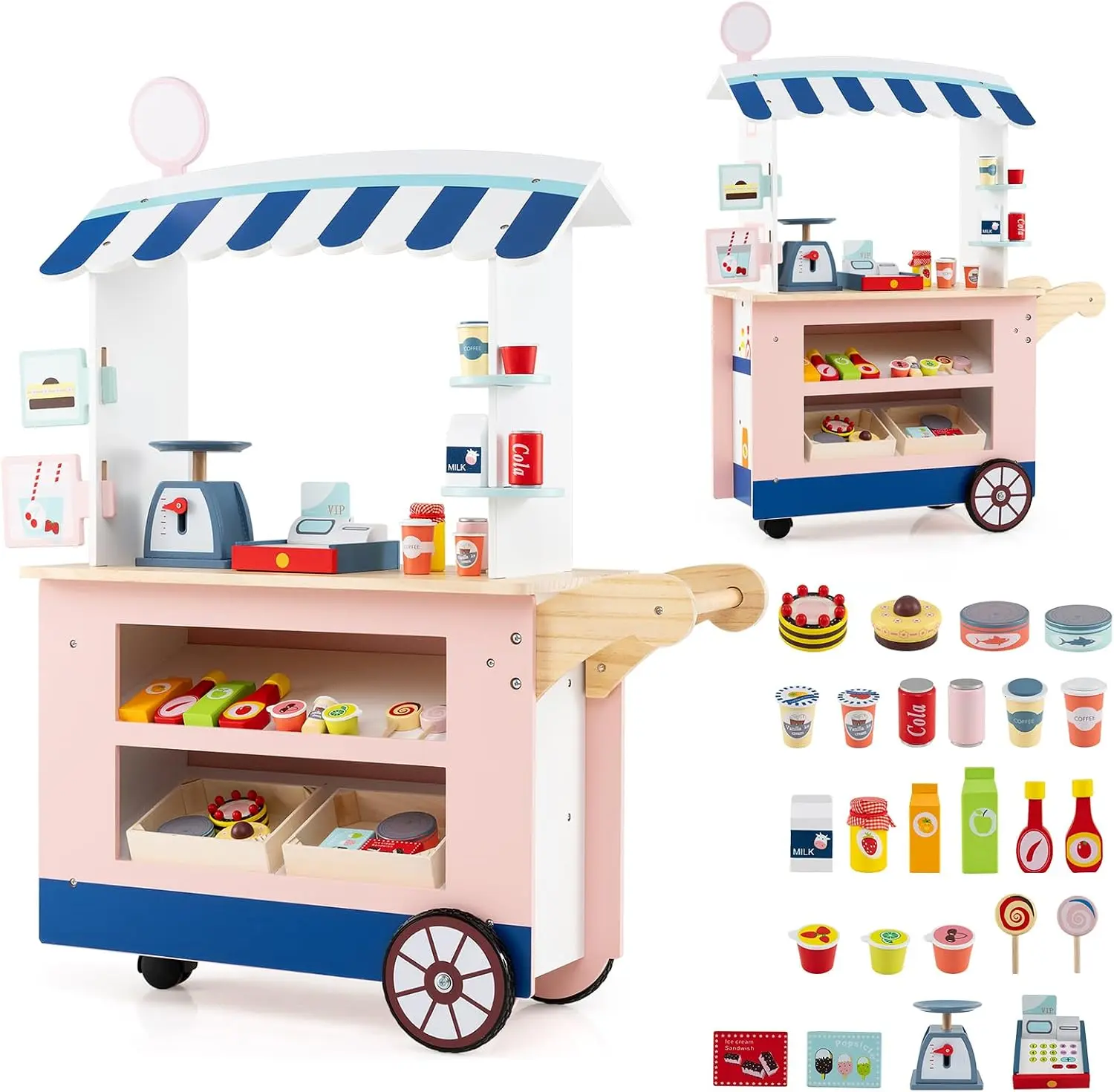 Costzon Kids Grocery Store Playset, Toddler Pretend Market Stand Shop Play Set w/ 30PCS Play Toy, Beverage Rack, Cash Register, Scale, Large Wheels, Wooden Food Cart, Gift for Boys Girls 3+ tiktokshopbacktoschool tiktokshopbacktoschool tiktokshopbacktosch