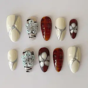 3D Flower Tortoise Shell Press On Nails | Ivory Pearl Glossy Reusable Almond Nails