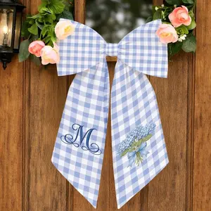 Hydrangea Embroidered Sash, Monogram Door, Blue Gingham Cotton Wreath Ribbon