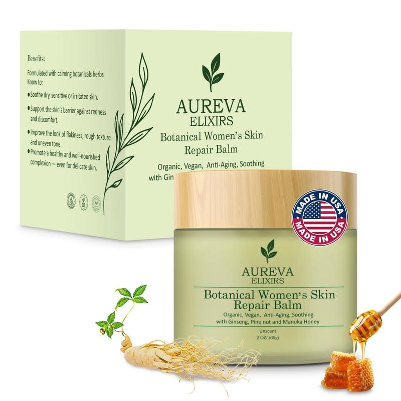Aureva Elixirs Botanical Women's Skin Repair Balm 97% Problem Solving Formula with Ginseng Oil & Manuka Honey Soothes Redness Dryness Eczema Itchy Skin 2 Oz Unscented Argan Daily Radiance Body Care Moisturizer - Gentle