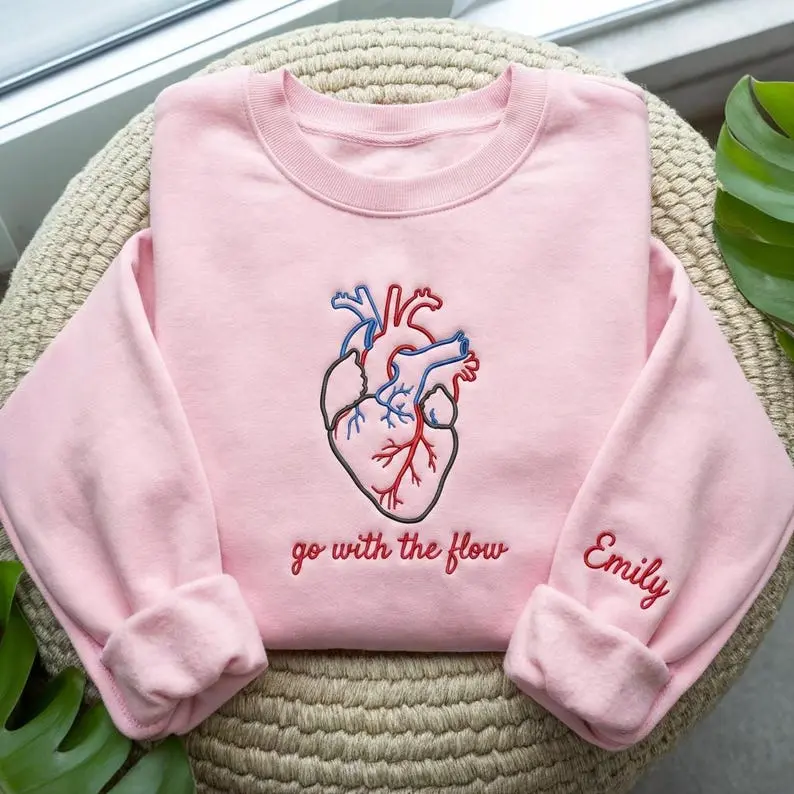 [Made In US] Go With The Flow Embroidered Sweatshirt, Nurse Cardiology Sweatshirt, CVICU Nurse Sweatshirt, Cardiac Diagnostic, Nurse Appreciation Sweater