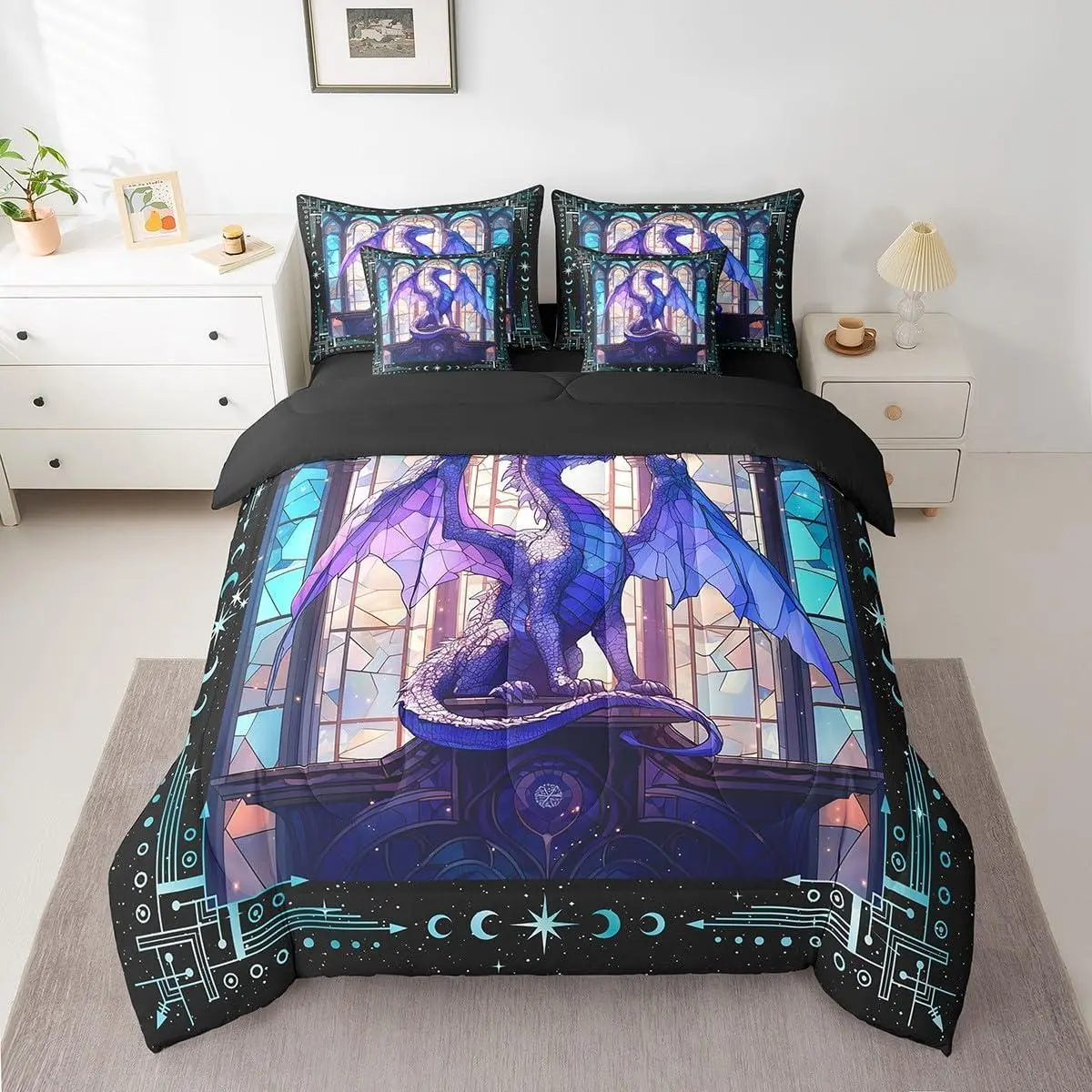 Dragon Comforter Set with Sheets Dragon Stuff Bed in a Bag for Boys Girls Teens Modern 7 Pieces Bedding Set Dragon Decor Bed Set Room Decor Purple