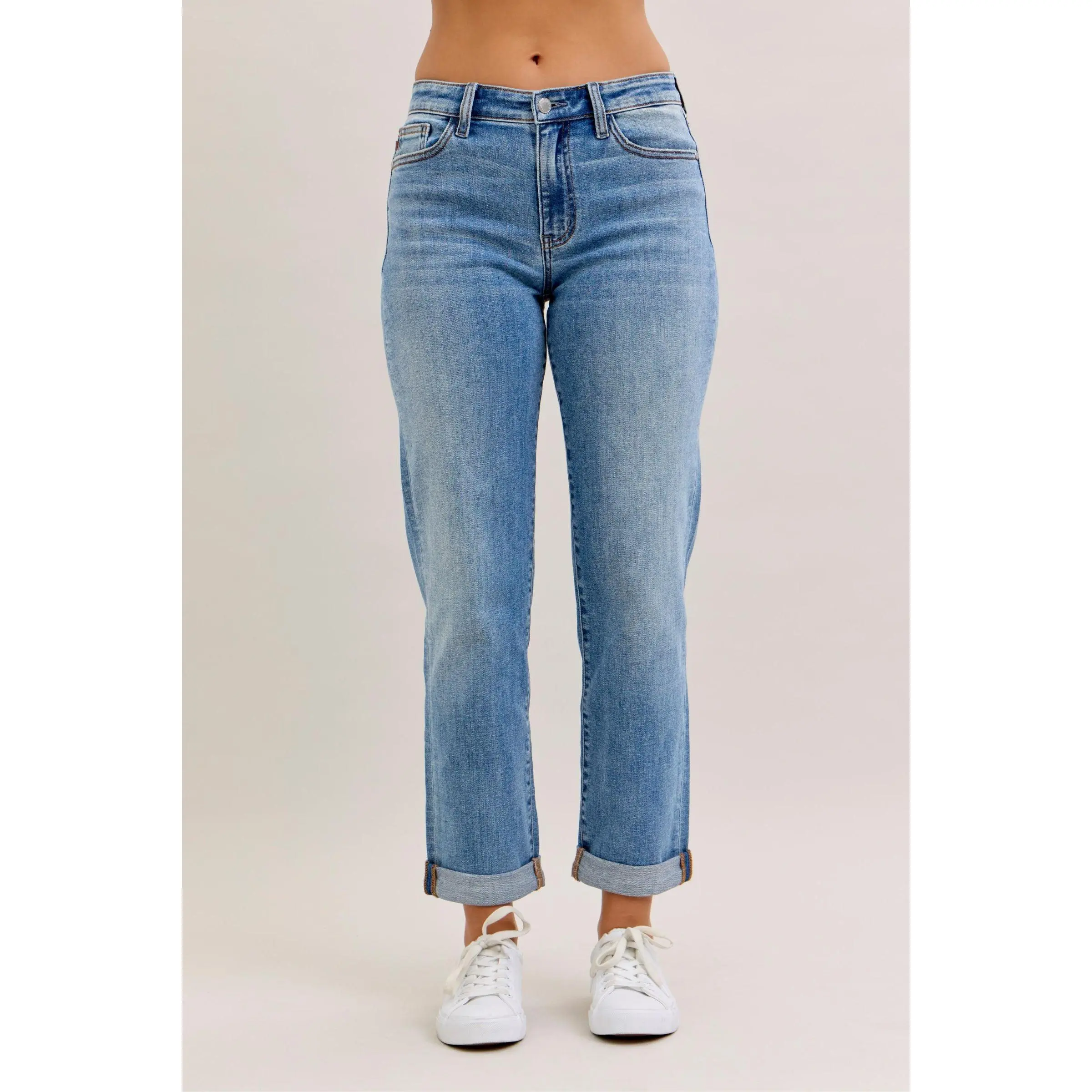Judy Blue Women's Mid Rise Boyfriend Jeans, Baggy Stretch Cotton Denim Bottoms with an Optional Cuffed Hem for Everyday Wear