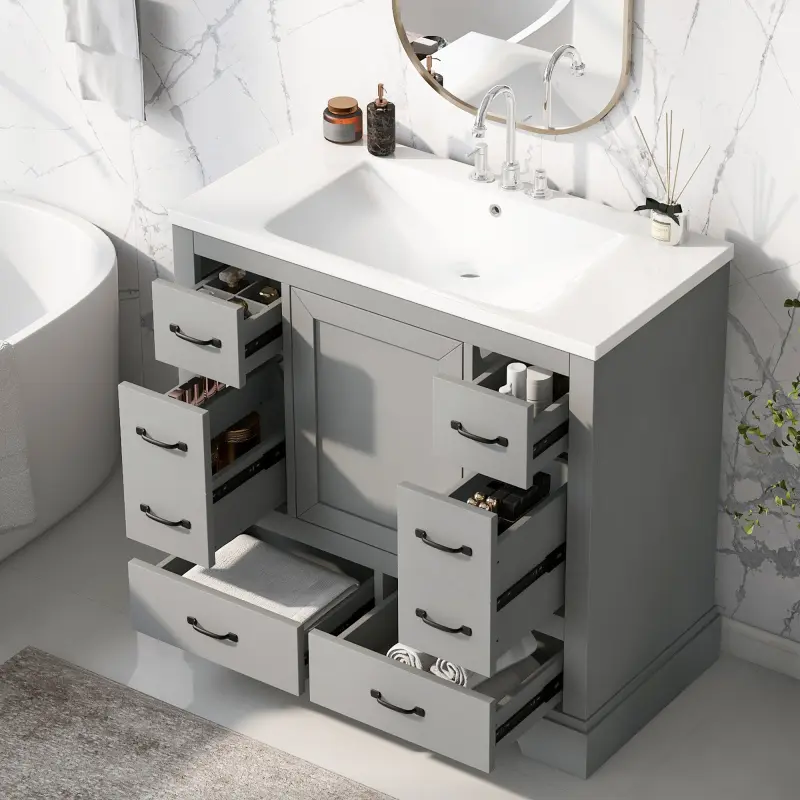 36" Bathroom Vanity with Sink Combo, Six Drawers, Multi-Functional Drawer Divider, Adjustable Shelf, Grey (Old Sku:SY999808AAE)