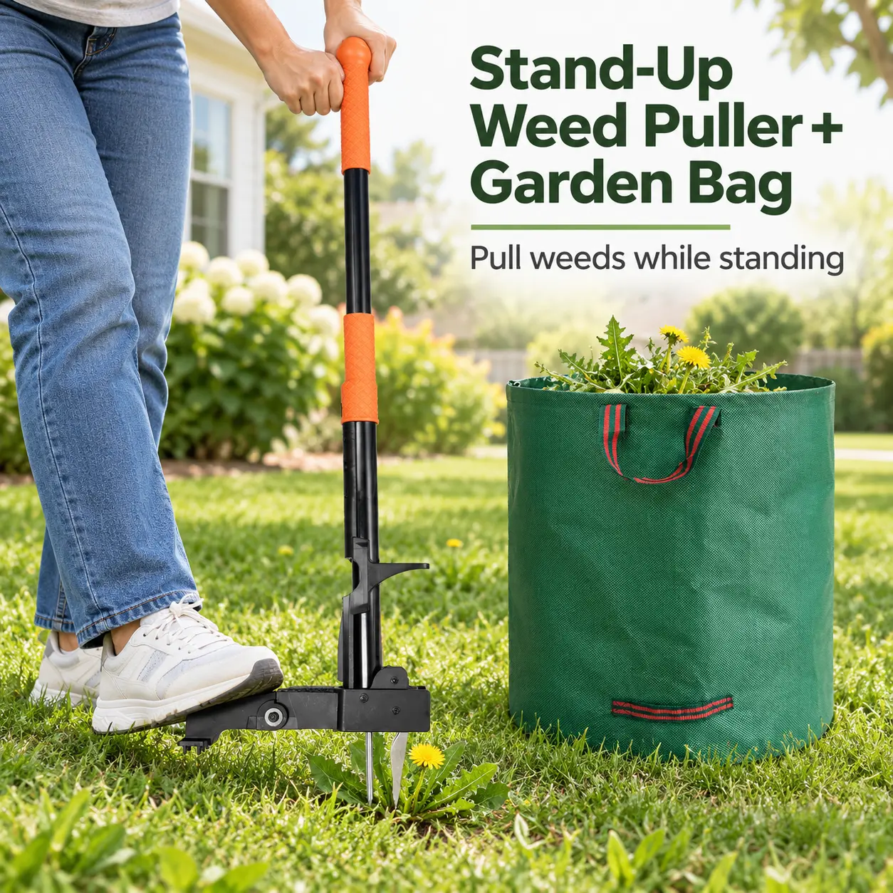 Stand Up Weed Puller Tool with Adjustable Long Handle and Garden Waste Bag, Manual Weed Root Remover with Foot Pedal, Dandelion Pulling Tool for Lawn, Yard and Garden Cleanup